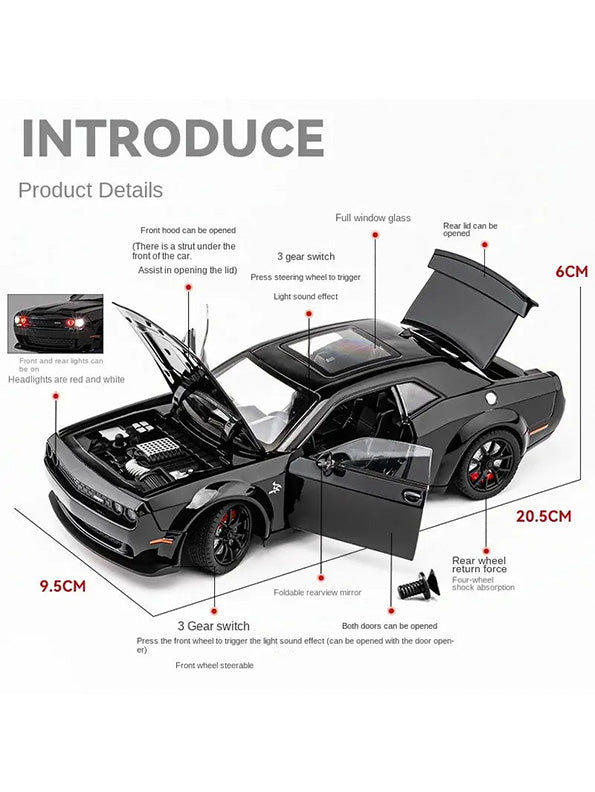 Dodge Challenger Hellcat 1:24 Diecast Metal Model – Black - Scale 1:24 - Toyloft
