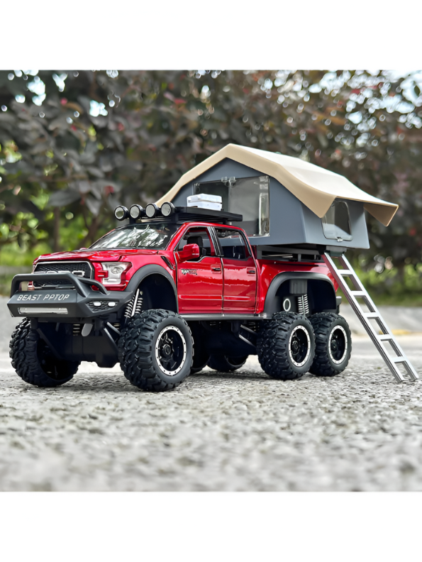 Ford Raptor 1:24 Diecast 6x6 Off-Road Pickup Truck Model with Rooftop Tent & Ladder – Red Overlanding Edition Beast Pickup Toy with Sound & Light - Free Car Inside -LMI15678