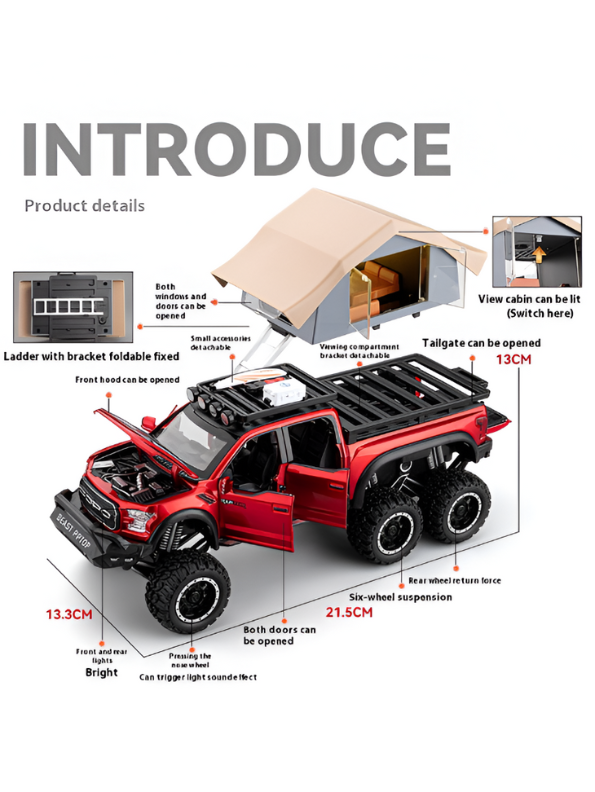 Ford Raptor 1:24 Diecast 6x6 Off-Road Pickup Truck Model with Rooftop Tent & Ladder – Red Overlanding Edition Beast Pickup Toy with Sound & Light - Free Car Inside -LMI15678