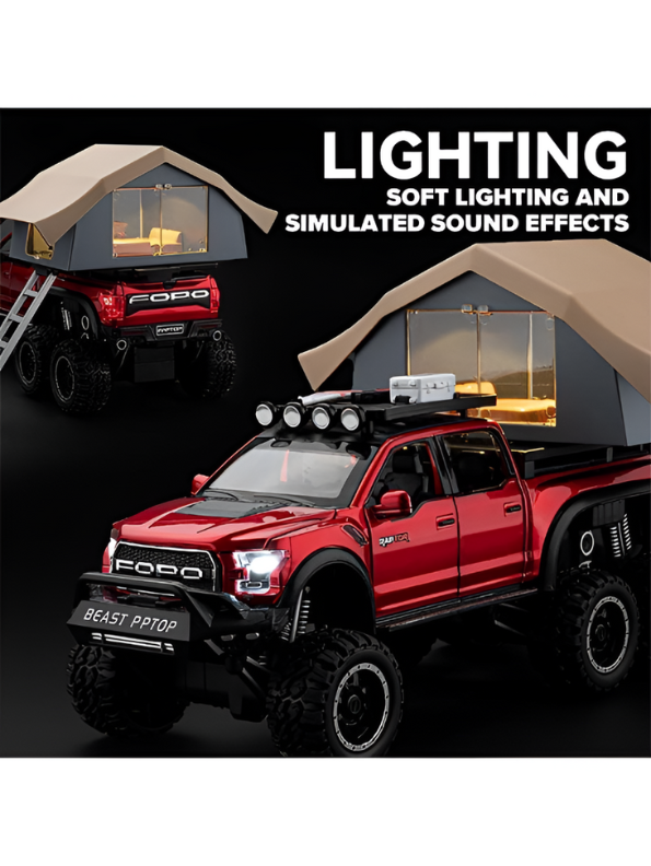 Ford Raptor 1:24 Diecast 6x6 Off-Road Pickup Truck Model with Rooftop Tent & Ladder – Red Overlanding Edition Beast Pickup Toy with Sound & Light - Free Car Inside -LMI15678