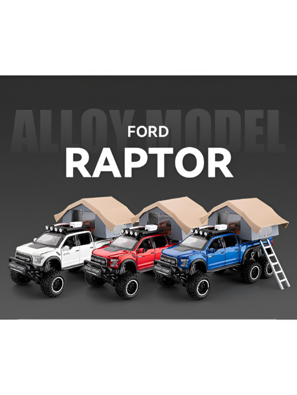 Ford Raptor 1:24 Diecast 6x6 Off-Road Pickup Truck Model with Rooftop Tent & Ladder – Red Overlanding Edition Beast Pickup Toy with Sound & Light - Free Car Inside -LMI15678