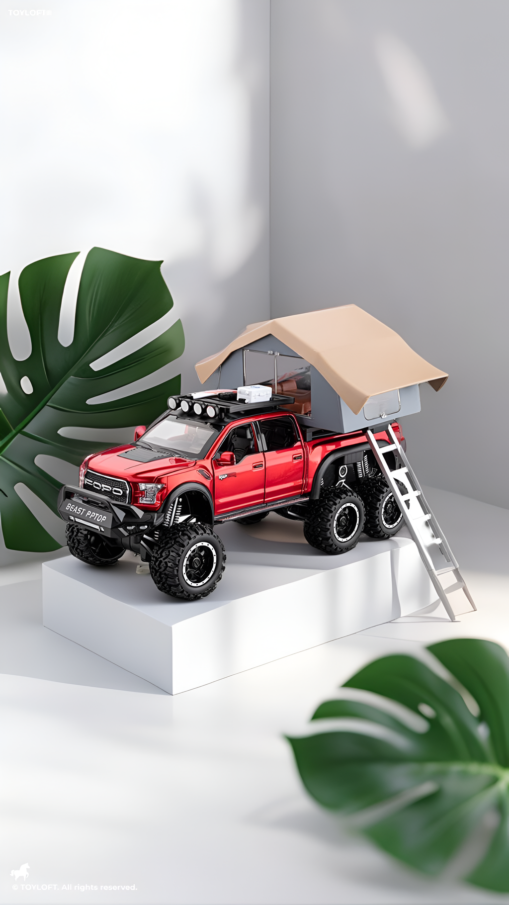 Ford Raptor 1:24 Diecast 6x6 Off-Road Pickup Truck Model with Rooftop Tent & Ladder – Red Overlanding Edition Beast Pickup Toy with Sound & Light - Free Car Inside -LMI15678